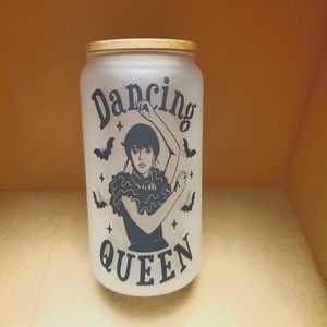 16 oz, wood top cup glass , handmade with straw.  Wednesday Addams